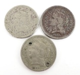 Lot of (3) 1865 Three Cent Nickel Pieces.