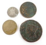 Lot of (4) U.S. Coins includes 1853 Half Dime, 1869 Two Cent Piece 1851 Large Cent & 1858 Flying