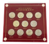 United States Nickels Jefferson Wartime Silver Set. 1942 P - 1945 S Set of 11 Coins in decorative h