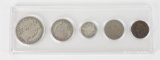 Lot of (5) U.S. Coins includes 1912 D Barber Half, 1897 Barber Quarter, 1898 Barber Dime, 1904 Libe
