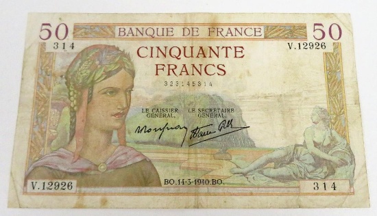 1940 France 50 Francs Banknote.