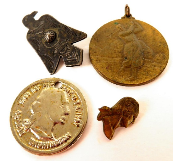Lot of (4) Antique Pins & Medals includes George Washington Token, Eagle & Hole In One Golf Medal.
