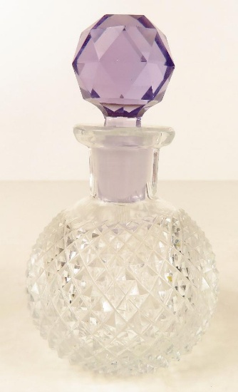 Vintage Glass Perfume Bottle Clear with Amethyst Top approx 4".