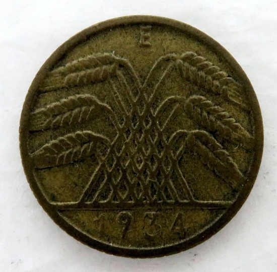 Key Date! 1934-E Germany - Weimar Republic 10 Reichspfennig Aluminum-Bronze.