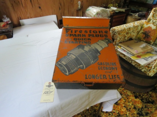 Vintage Painted Tin Firestone Spark Plug Case with Spark Plugs