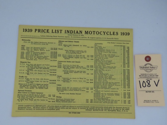 1939 Indian Motorcycles Price List