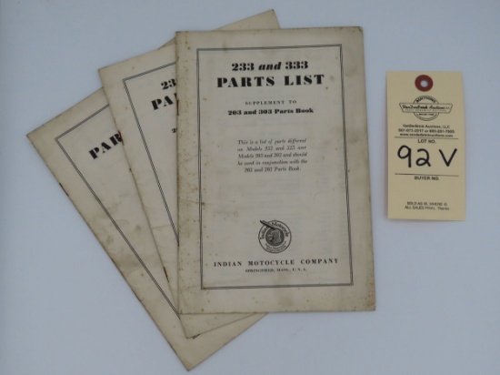 Indian Motorcycle 233 and 333 Parts List book.  Supplement to 203 and 303 Parts Book