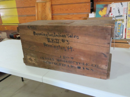 Vintage Wooden Crate that has Bennington Indian Dealership Address