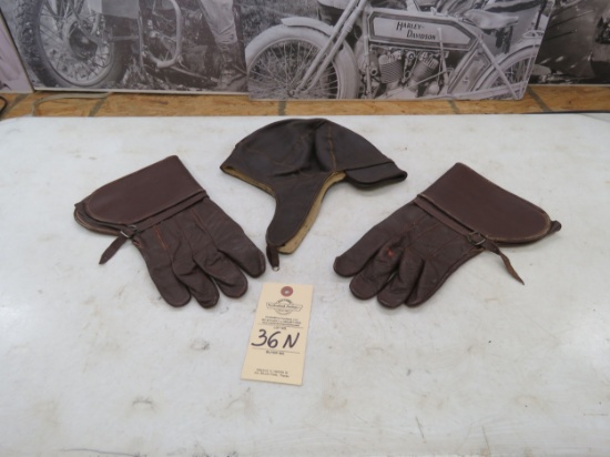 Leather Motorcycle Skull Cap and Leather Gloves