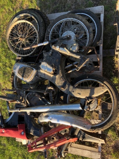 PALLET OF EARLY HONDA FRAMES, WHEELS, ETC.