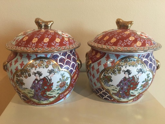 Two Oriental Vases w/ Lids