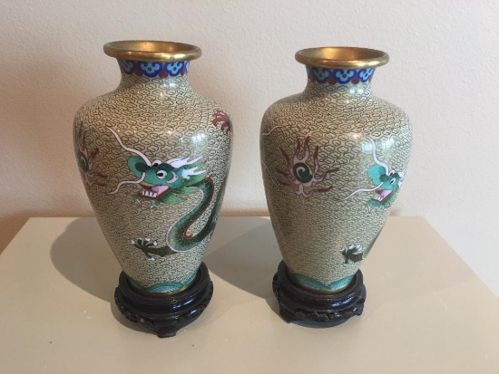 2 Oriental Cloisonne Vases with wood stands