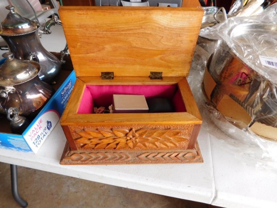 Carved Wood box and contents