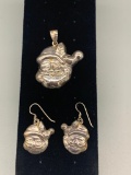 Santa Claus Pendant & Matching Earrings (Sterling Silver)