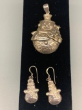 Snowman Pendant & Matching Earrings (Sterling silver)