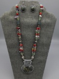 Red & Green Stone Necklace with stone pendant and matching earrings