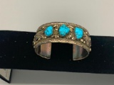 Narrow sterling silver and three stone turquoise cuff bracelet
