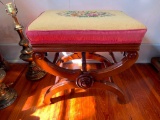 Stool with needlepoint cushion and carved wood