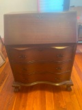 Vintage wooden drop front writing desk secretary with ball claw feet, brass pulls