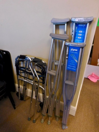 Lot of two walkers, 4 sets of Crutches, and 2 canes