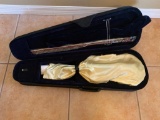 Violin with string and bow with yellow cover for violin and black cover for bow in a hard case