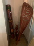 Lot of 3 decorative wooden pieces including: totem, dolphin statue, and carved palm frond