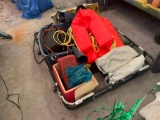 Misc lot of camping gear including roof top cage and life jackets