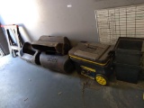 Misc. lot: tool box, grass catchers, saw horses