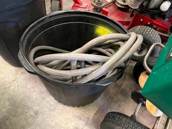 Bucket with 5/8" hose and trash can with cover tarp