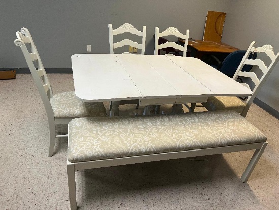 Drop Leaf Dining Table with 4 chairs and a bench (white- needs to be refinished)