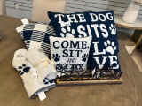 Eight Decorative Pillows and Dog Accessories