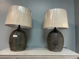 Two Grey Ceramic Basket Table Lamps