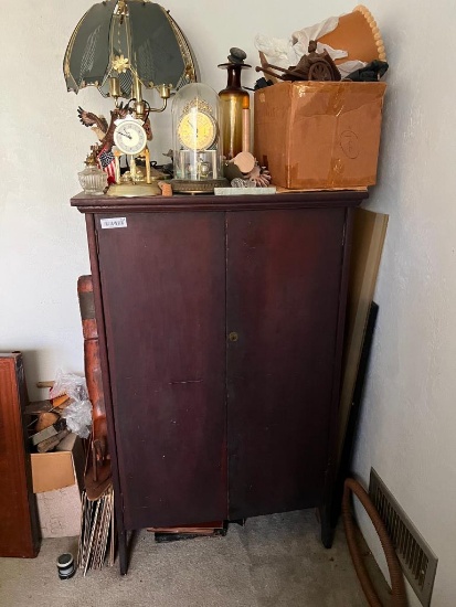 Vintage Wooden Storage Cabinet with contents