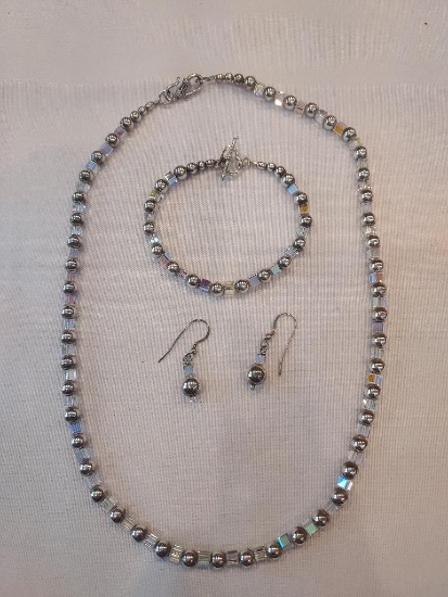 Sterling Silver & Swaroski Bead Necklace (20"), Bracelet (7.5") & Earrings