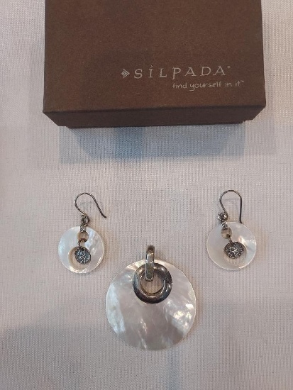 Silpada Sterling Silver Mother of Pearl Coin Disk 925 Earrings W1843 & Necklace Pendant