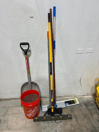 Lot of Scrapers, Squeegees, Shovel and Bucket