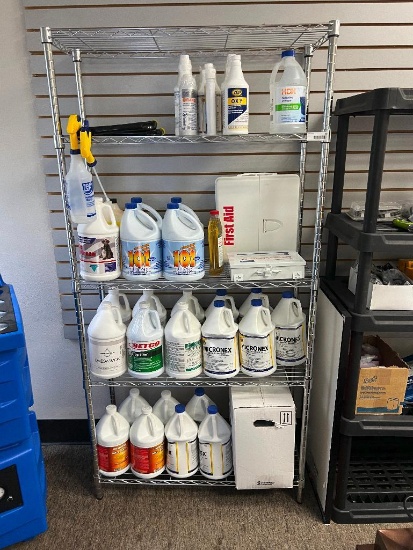 Metro Rack of cleaning Supplies, Chemicals, etc.