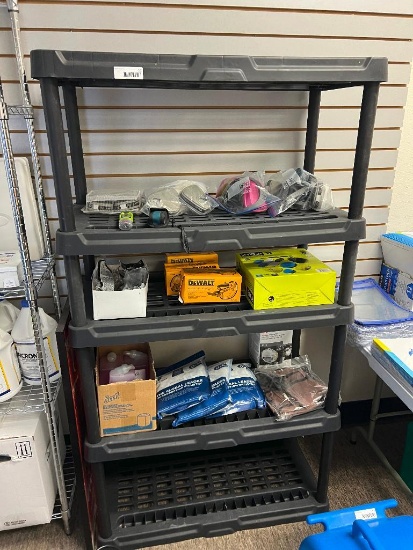 Light Duty Shelving with Misc. Masks, Goggles, Ryobi 11 Piece Scrubber Set