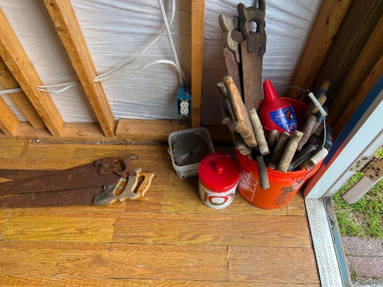 Contents of Shed (No Records) saws, shelf, supplies, 2 chairs