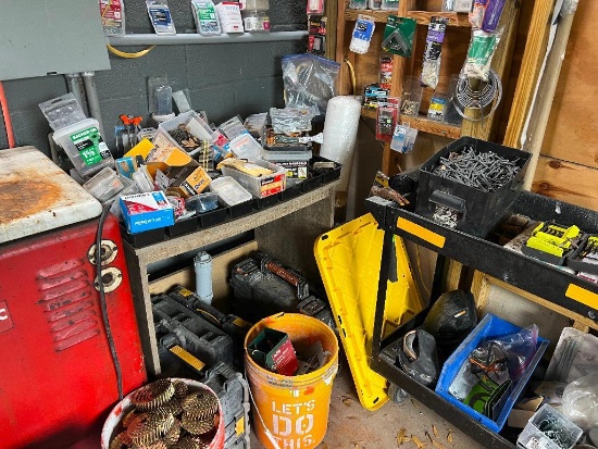 Misc. Lot of nuts, bolts, nails, toolboxes, saw horses, parts