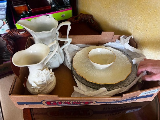 2 ceramic floral pitchers and 3 misc serving plates