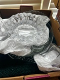 Box of misc serving pieces and ashtrays