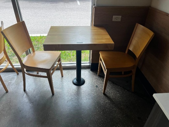 (5 sets) 2 top tables, bolted down, single leg, 2 charis each, light wood