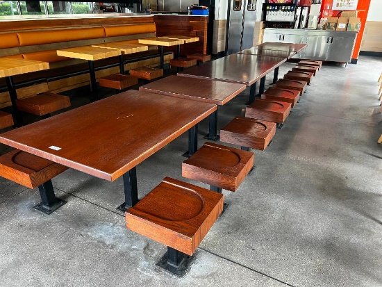 (1) 6 top, (2) 4 top, (2) top tables (18) chairs, bolted down, single leg, dark wood