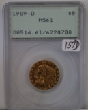 1909-D, PCGS-MS61, Indian Head Gold $5 Coin