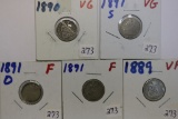 Five Liberty Seated Dimes
