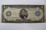 1913 Large $5 US Federal Reserve Note