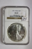 1991, NGC, MS69, Silver American Eagle Dollar Coin