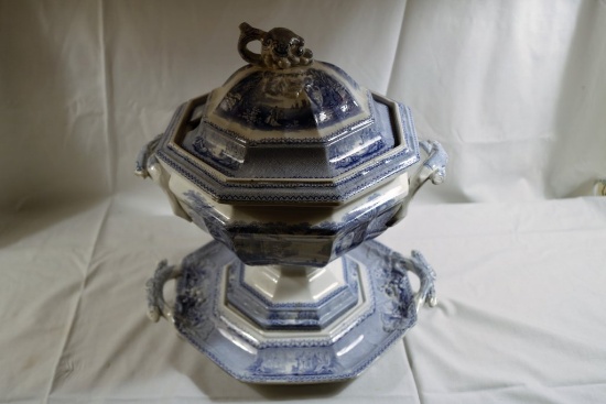 Large Blue & White Porcelain Tureen and Underplate