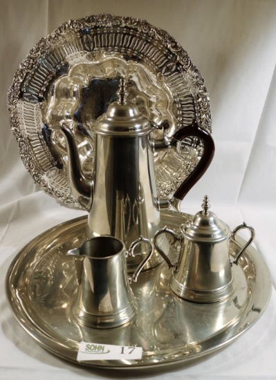Fancy Silver Plated Bowl w/Pierced Border and a Holland Pewter Coffee Set